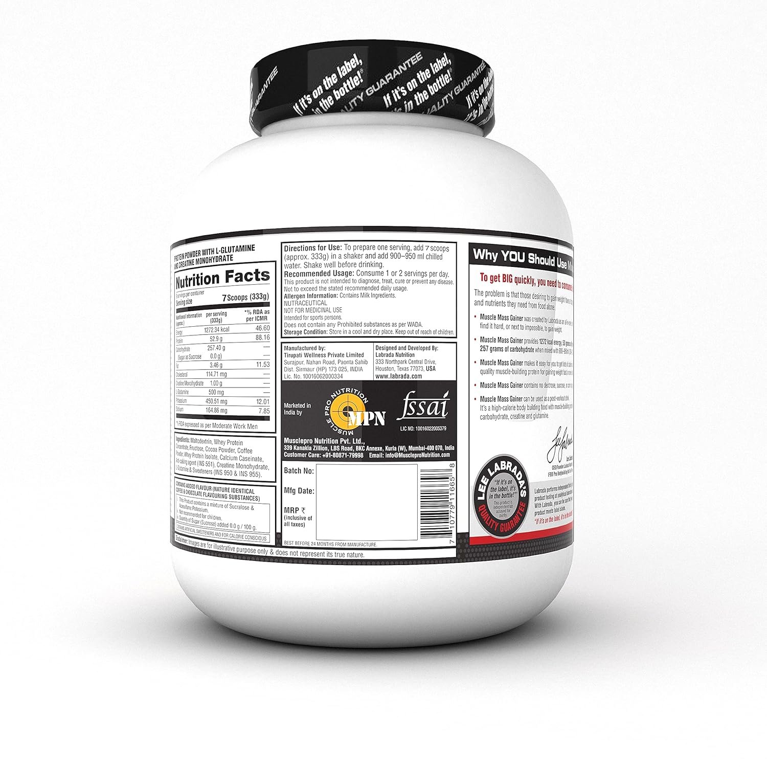 Labrada Muscle Mass Gainer Powder(Post-Workout, 1272 kcal, 53g Protein, 257g Carbs, 1g Creatine, 500mg L-Glutamine) - Pack of 6.6 lbs (3kg) - Image 3